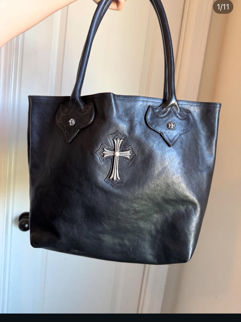 chrome hearts Black Leather Tote handle logo Bag with Cross Plus